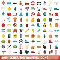 100 recreation training icons set, flat style vector