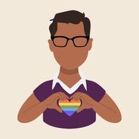 mes del orgullo lgbt. hombre multicultural que muestra apoyo a la comunidad lgbt. celebración del mes del orgullo contra la violencia, la discriminación. vector