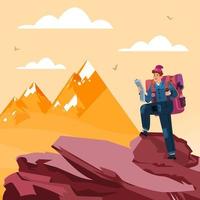 Man Read Map on Top of Mountain Concept vector