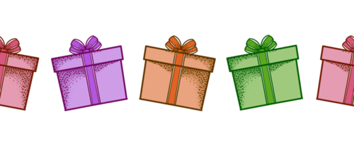 cajas de regalo multicolores festivas brillantes, patrón de borde sin costuras sobre fondo transparente png