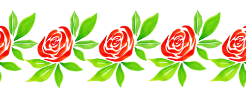 flores rosas brilhantes com folhas verdes, pintura em aquarela, padrão de borda sem costura em fundo transparente png