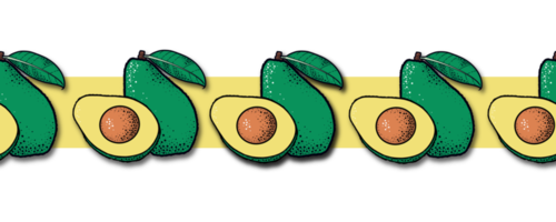 Ripe avocado fruit with a half on a wide yellow ribbon, seamless border pattern png