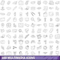 100 multimedia icons set, outline style vector