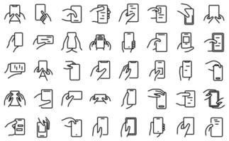 Hand holding phone icons set outline vector. Mobile chat vector