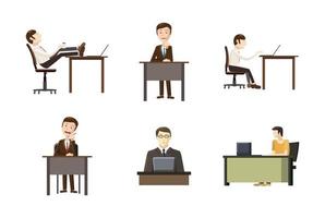 Man at desktop icon set, cartoon style vector