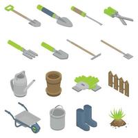 Gardening tools icons set, isometric style vector