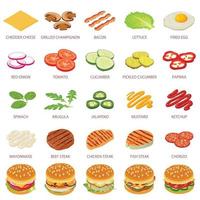 Burger ingredient icons set, isometric style vector