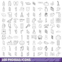 100 phobias icons set, outline style vector