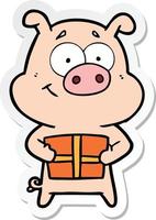 sticker of a happy cartoon pig holding christmas present vector