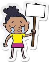 sticker of a cartoon crying woman with protest sign vector