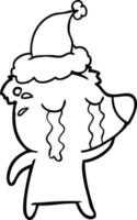 line drawing of a crying bear wearing santa hat vector