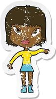 retro distressed sticker of a cartoon woman making gesture vector