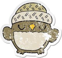 distressed sticker of a cute cartoon owl in hat vector