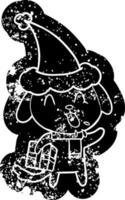 lindo icono angustiado de dibujos animados de un perro con regalo de navidad con sombrero de santa vector