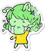 distressed sticker of a cartoon crying alien girl vector