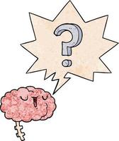 cartoon curious brain and speech bubble in retro texture style vector