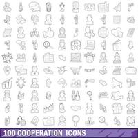 100 conjunto de iconos de cooperación, estilo de esquema vector