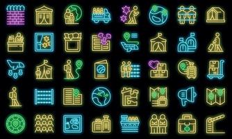 Asylum seeker icons set outline vector. Migration refugee vector neon