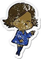 distressed sticker of a cartoon woman pointing vector