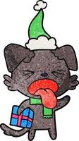 caricatura texturizada de un perro asqueado con regalo de navidad con sombrero de santa vector