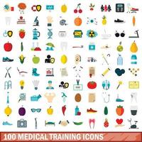 100 medical training icons set, flat style vector