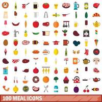 100 meal icons set, flat style vector