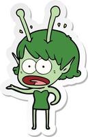 sticker of a cartoon shocked alien girl vector