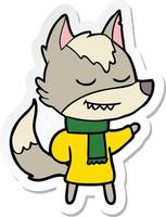 sticker of a friendly cartoon wolf wearing scarf vector