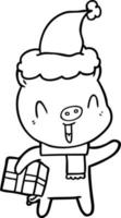 happy line drawing of a pig with xmas present wearing santa hat vector