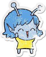 distressed sticker of a cartoon alien girl laughing vector