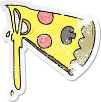 distressed sticker of a quirky hand drawn cartoon slice of pizza vector