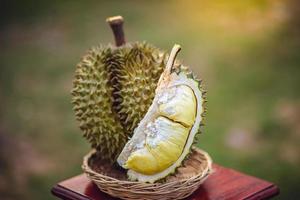 durian madurado y fresco, cáscara de durian con color amarillo sobre mesa de madera. foto