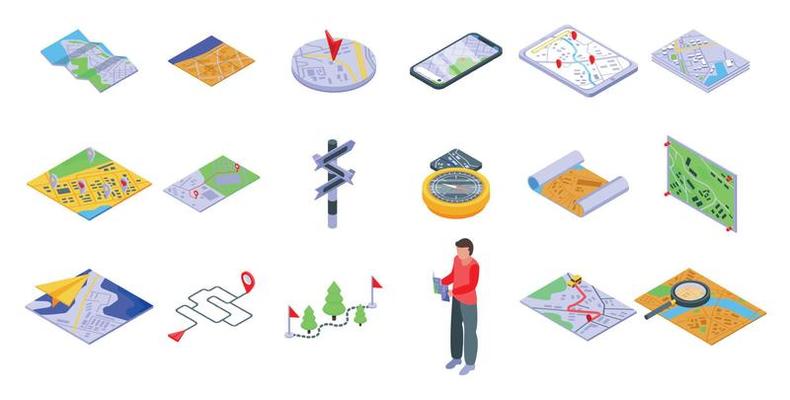 Itinerary icons set, isometric style