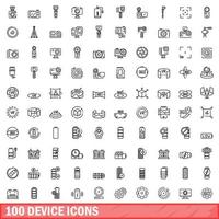 100 device icons set, outline style vector