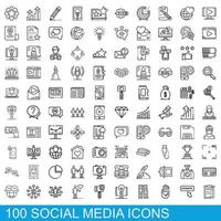 100 social media icons set, outline style vector