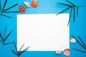Blank paper concept for text with frames adorned with Bamboo leaves,shell and blue paper background. photo