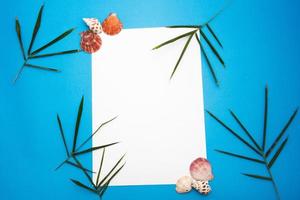 concepto de papel en blanco para texto con marcos adornados con hojas de bambú, concha y fondo de papel azul. foto
