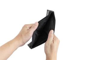 The hand of an Asian merchant with his wallet open is blank on a white background with clipping path. photo