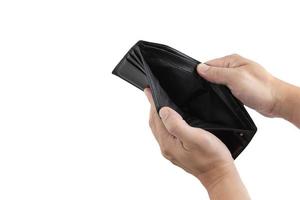 The hand of an Asian merchant with his wallet open is blank on a white background with clipping path. photo