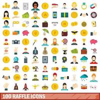 100 raffle icons set, flat style vector