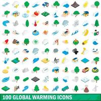 100 global warming icons set, isometric 3d style vector