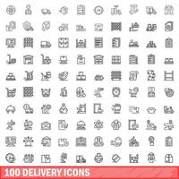 100 conjunto de iconos de entrega, estilo de esquema vector