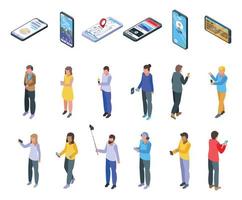 Using smartphone icons set, isometric style vector