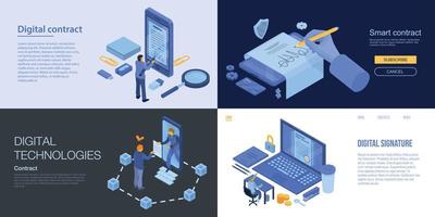 Digital contract banner set, isometric style vector