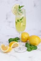 Fresh summer cocktail with lemons, mint and ice, selective focus image, Mojito in a glass cup, Fresh citrus lemonade with limes and lemons. Fresh and cool beverage for summer concept. photo