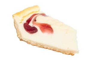 Closeup of a slice of cherry cheesecake on a white background photo