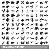 100 animals icons set in simple style vector