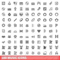 100 iconos de música, estilo de esquema vector