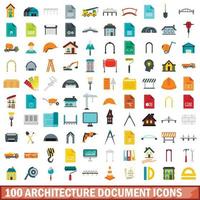 100 architecture document icons set, flat style vector