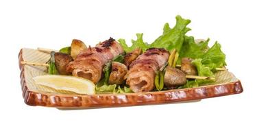 Bacon wrapped grilled Scallops with mushrooms and bacon photo